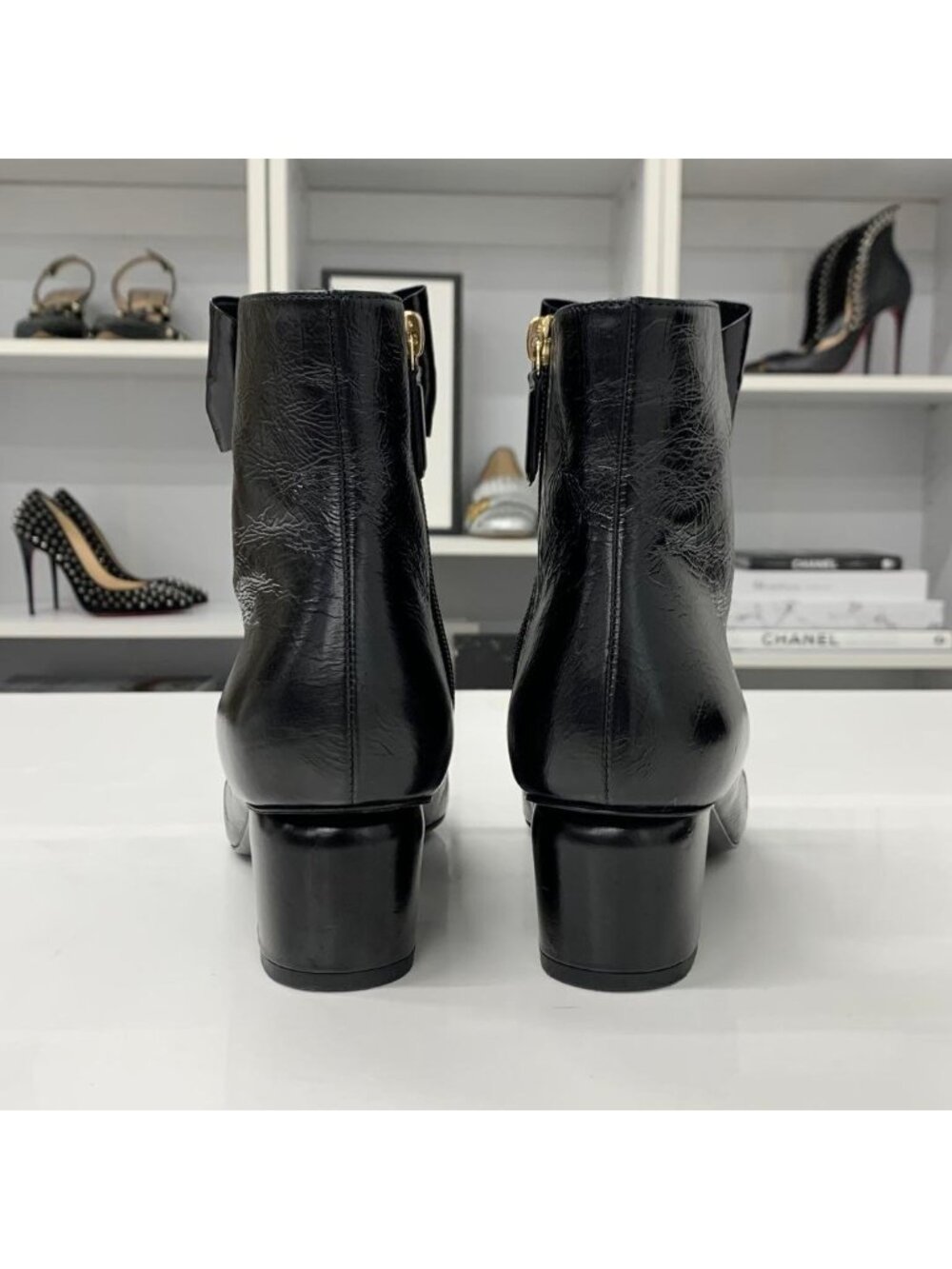 Chanel CC Logo Ribbon Leather Fabric Pearl Short Boots - Picture 6 of 11